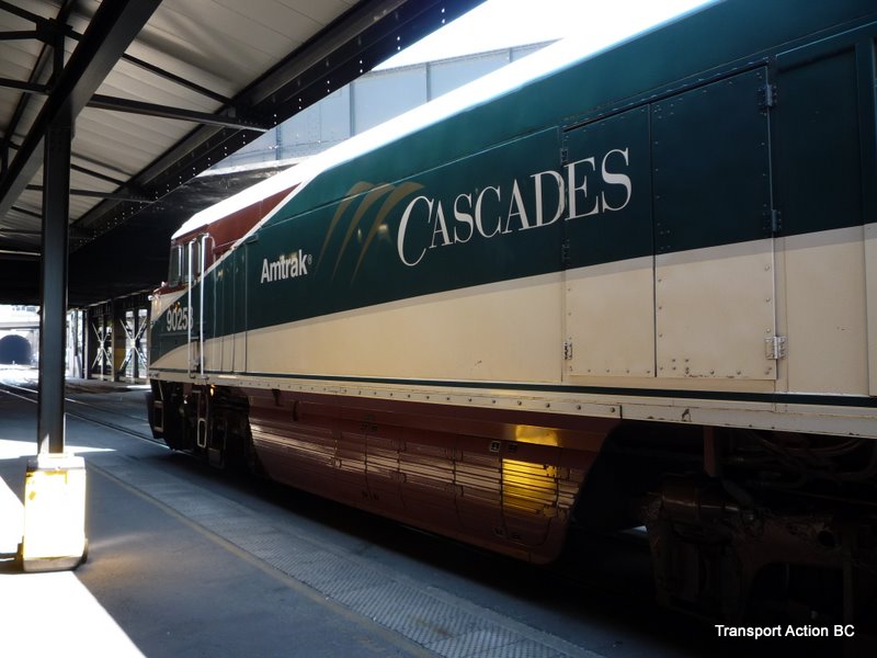 Cascades locomotive at King St Stn in Seattle