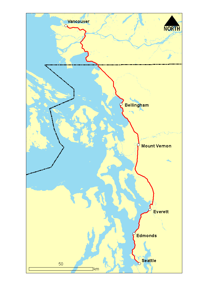 Map of Cascades route from Vancouver to Seattle