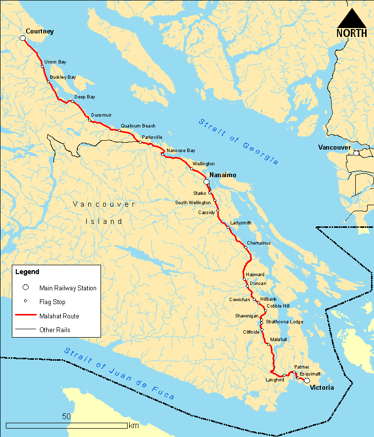 Map of Malahat train from Victoria to Courtney