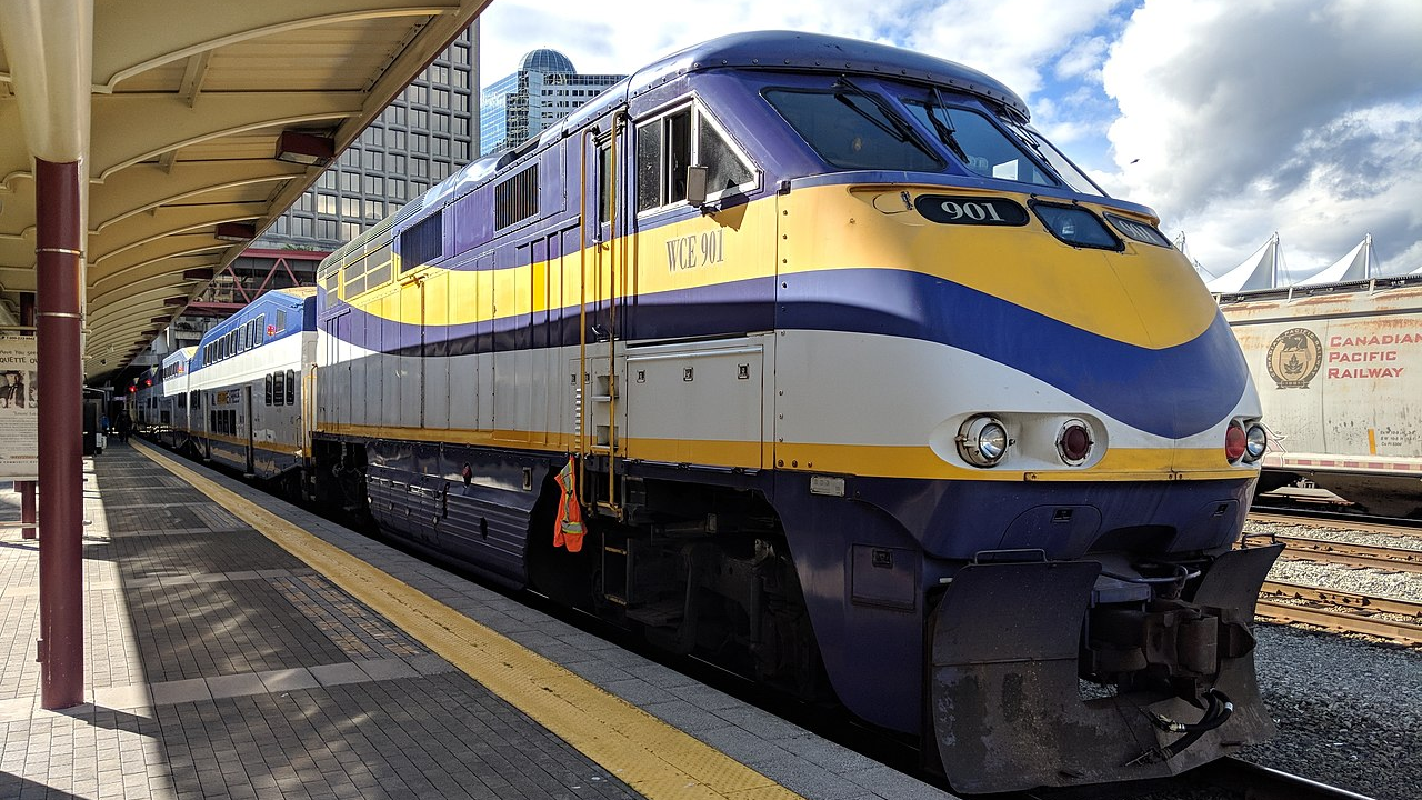 West Coast Express commuter train at Waterfront station in Downtown Vancouver. June 2019.